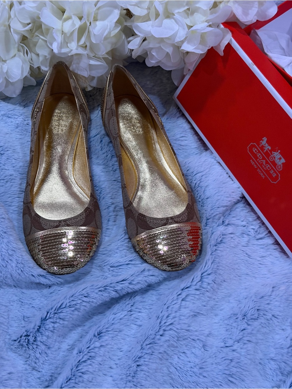Coach Women's Gold Sequin Toe Signature Canvas Flats